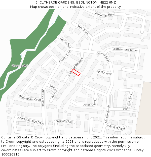6, CLITHEROE GARDENS, BEDLINGTON, NE22 6NZ: Location map and indicative extent of plot