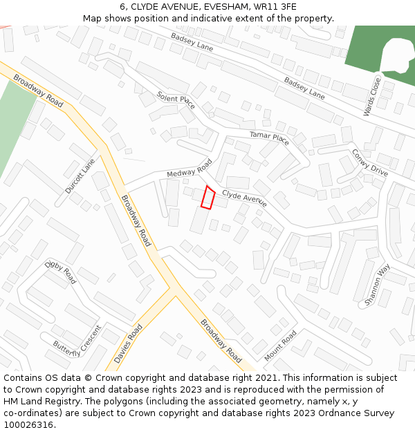 6, CLYDE AVENUE, EVESHAM, WR11 3FE: Location map and indicative extent of plot
