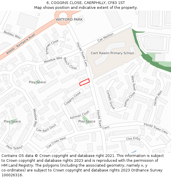 6, COGGINS CLOSE, CAERPHILLY, CF83 1ST: Location map and indicative extent of plot