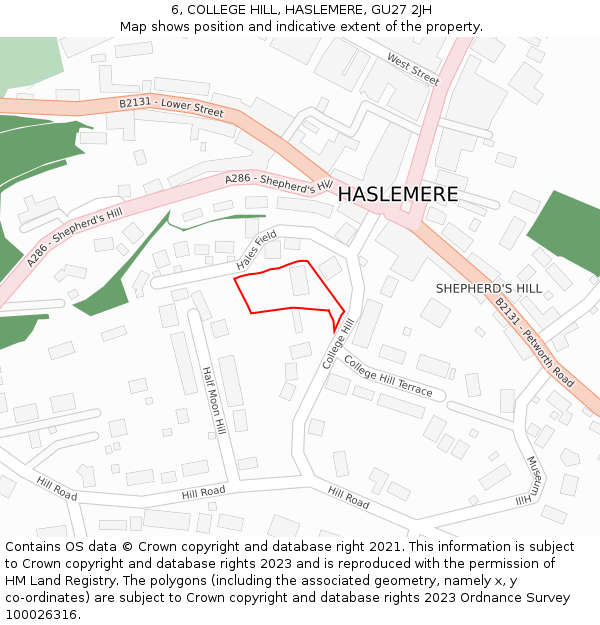 6, COLLEGE HILL, HASLEMERE, GU27 2JH: Location map and indicative extent of plot