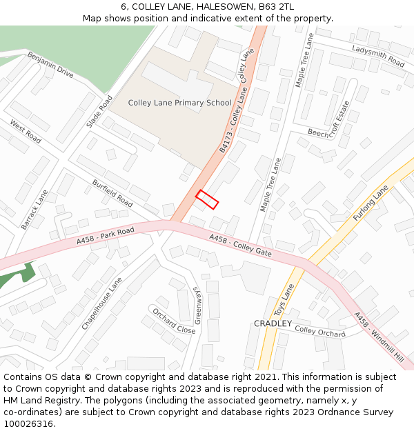 6, COLLEY LANE, HALESOWEN, B63 2TL: Location map and indicative extent of plot