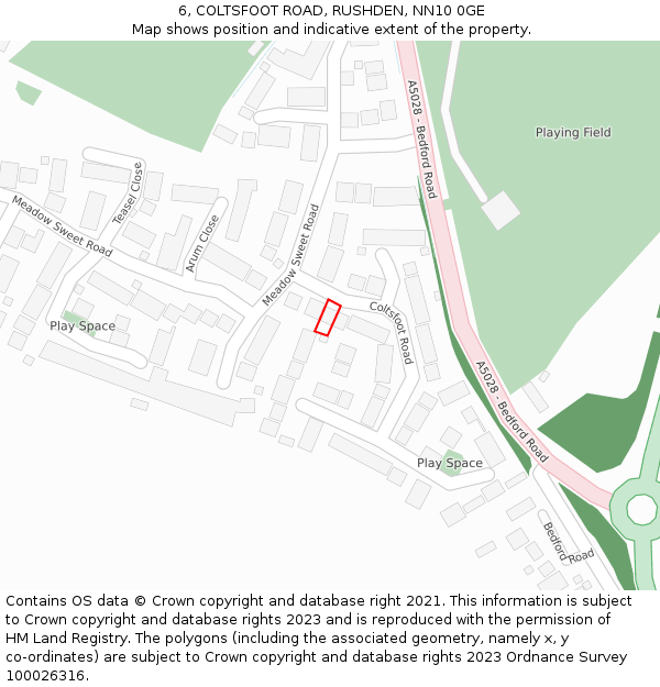 6, COLTSFOOT ROAD, RUSHDEN, NN10 0GE: Location map and indicative extent of plot