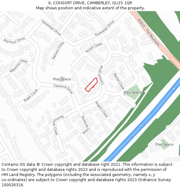 6, CONSORT DRIVE, CAMBERLEY, GU15 1QR: Location map and indicative extent of plot