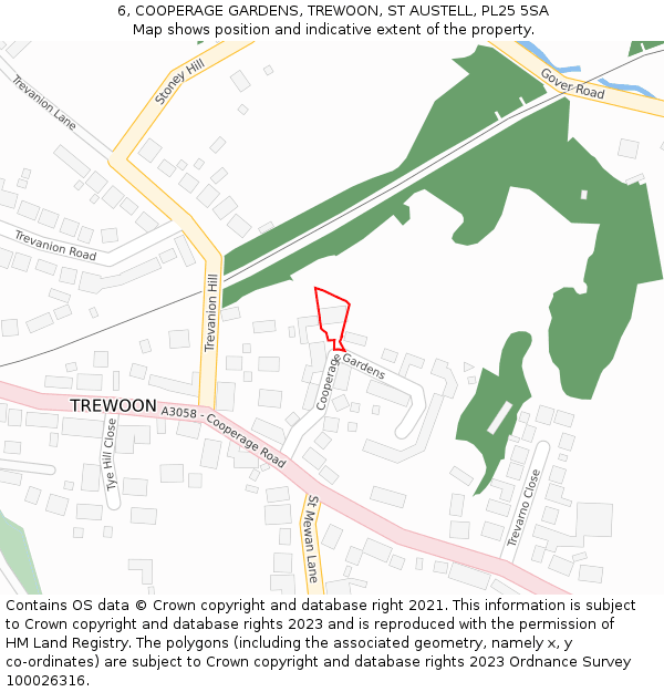 6, COOPERAGE GARDENS, TREWOON, ST AUSTELL, PL25 5SA: Location map and indicative extent of plot