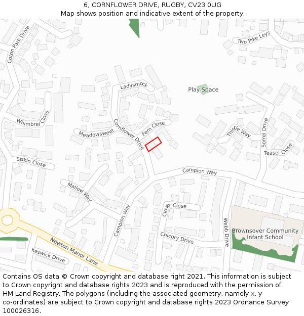 6, CORNFLOWER DRIVE, RUGBY, CV23 0UG: Location map and indicative extent of plot