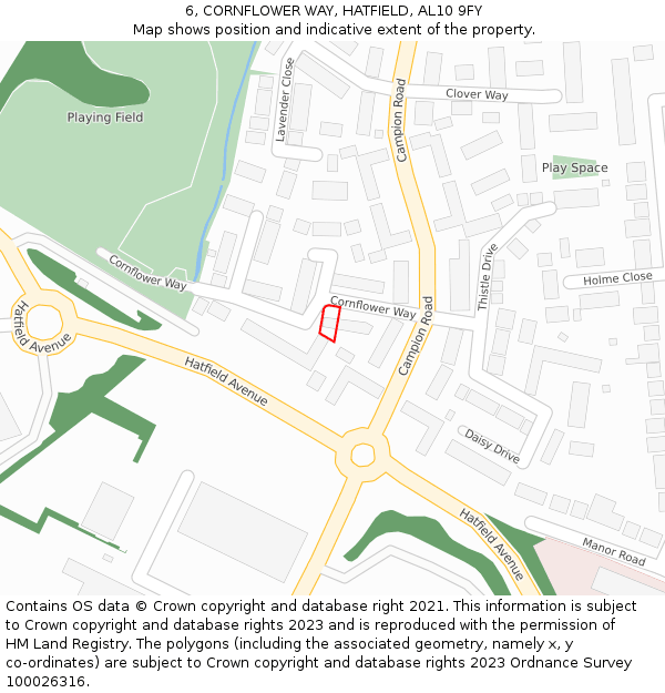 6, CORNFLOWER WAY, HATFIELD, AL10 9FY: Location map and indicative extent of plot