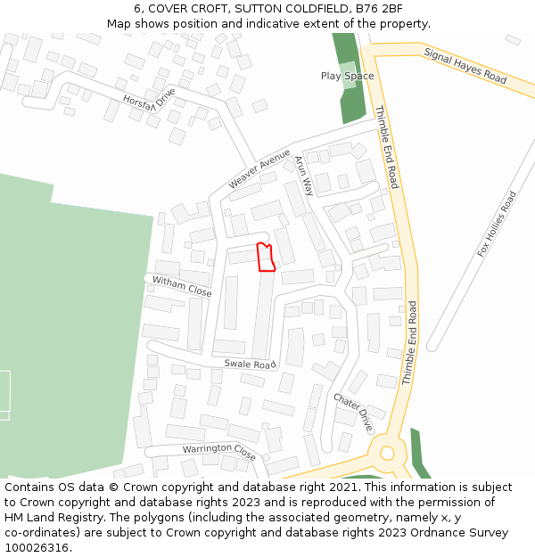 6, COVER CROFT, SUTTON COLDFIELD, B76 2BF: Location map and indicative extent of plot