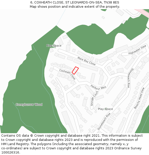 6, COXHEATH CLOSE, ST LEONARDS-ON-SEA, TN38 8ES: Location map and indicative extent of plot