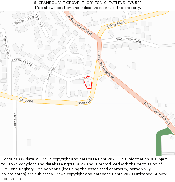 6, CRANBOURNE GROVE, THORNTON-CLEVELEYS, FY5 5PF: Location map and indicative extent of plot