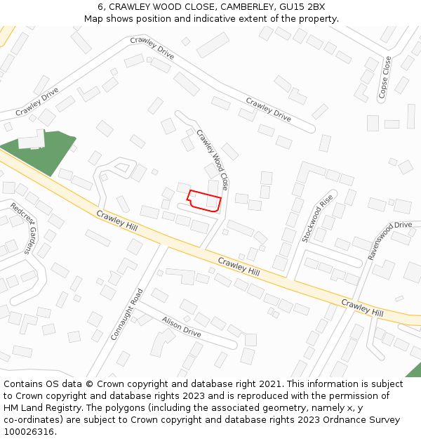 6, CRAWLEY WOOD CLOSE, CAMBERLEY, GU15 2BX: Location map and indicative extent of plot