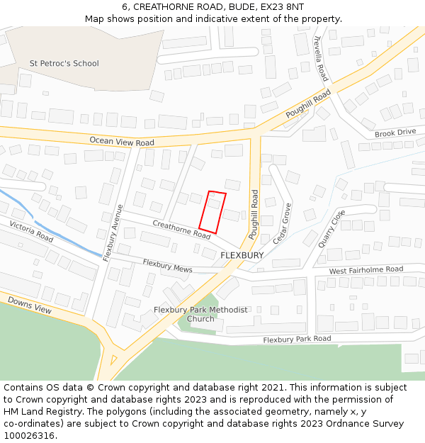 6, CREATHORNE ROAD, BUDE, EX23 8NT: Location map and indicative extent of plot