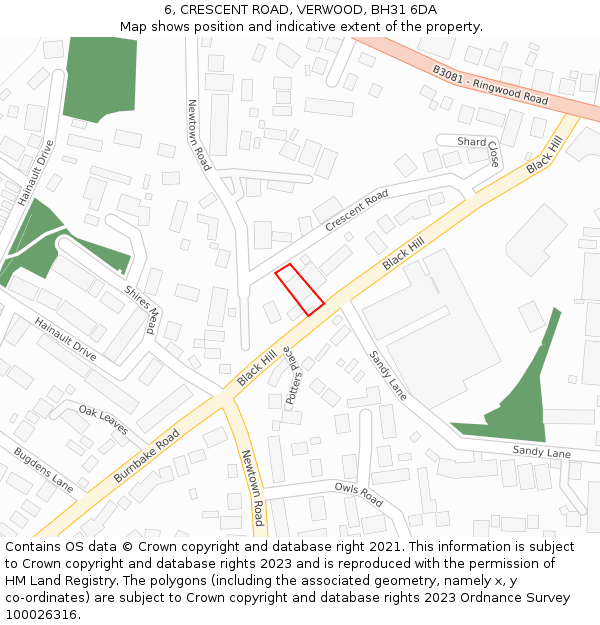 6, CRESCENT ROAD, VERWOOD, BH31 6DA: Location map and indicative extent of plot