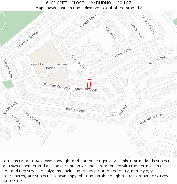 6, CRICCIETH CLOSE, LLANDUDNO, LL30 1GZ: Location map and indicative extent of plot