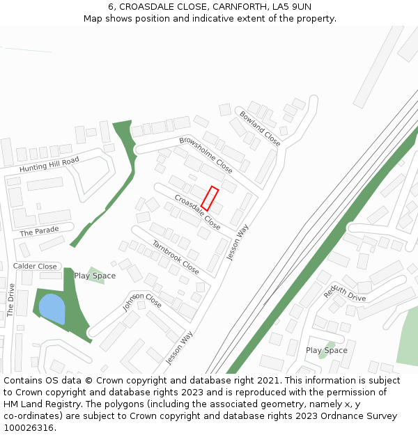 6, CROASDALE CLOSE, CARNFORTH, LA5 9UN: Location map and indicative extent of plot