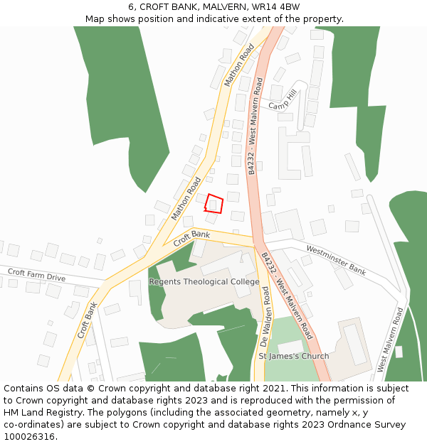 6, CROFT BANK, MALVERN, WR14 4BW: Location map and indicative extent of plot
