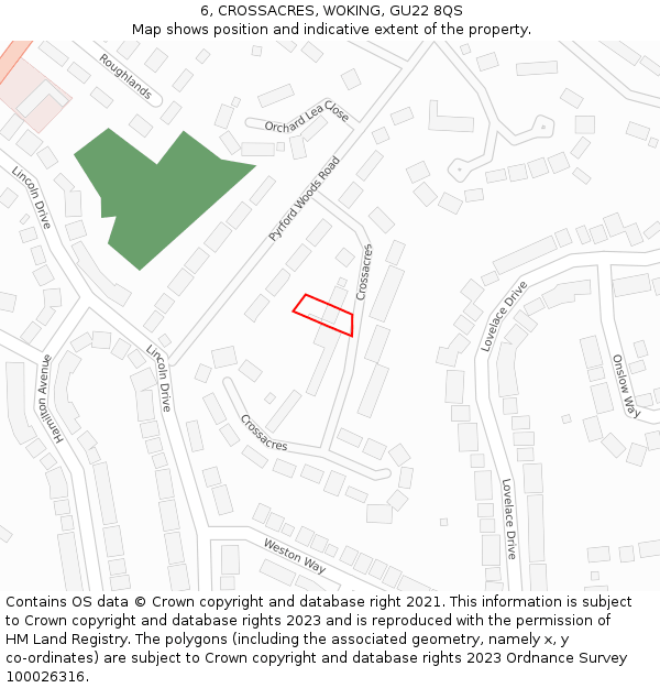 6, CROSSACRES, WOKING, GU22 8QS: Location map and indicative extent of plot