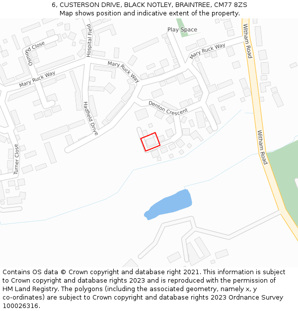 6, CUSTERSON DRIVE, BLACK NOTLEY, BRAINTREE, CM77 8ZS: Location map and indicative extent of plot