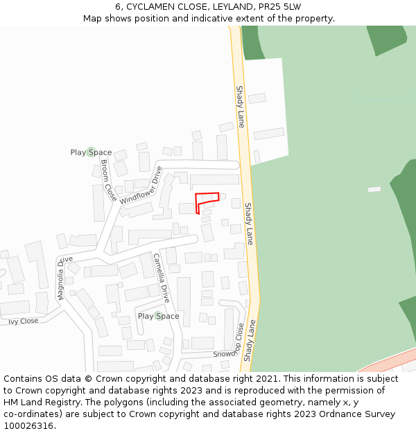 6, CYCLAMEN CLOSE, LEYLAND, PR25 5LW: Location map and indicative extent of plot