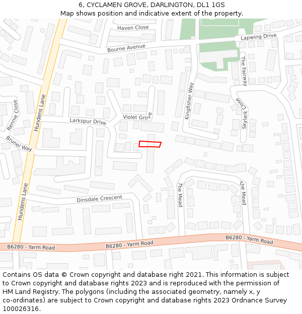 6, CYCLAMEN GROVE, DARLINGTON, DL1 1GS: Location map and indicative extent of plot