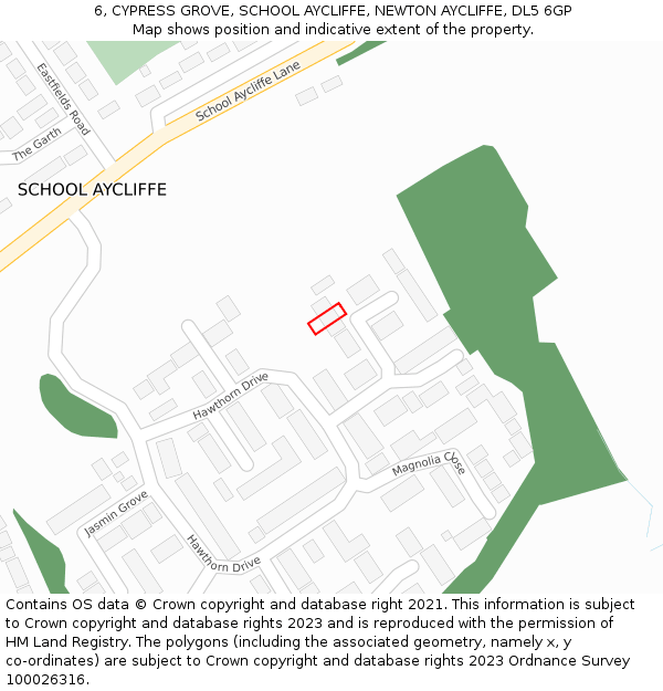 6, CYPRESS GROVE, SCHOOL AYCLIFFE, NEWTON AYCLIFFE, DL5 6GP: Location map and indicative extent of plot