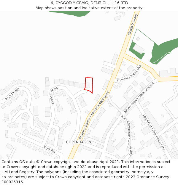 6, CYSGOD Y GRAIG, DENBIGH, LL16 3TD: Location map and indicative extent of plot