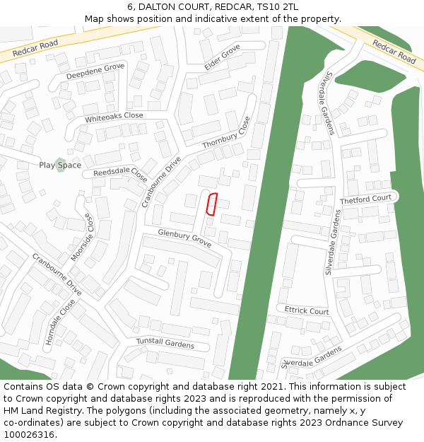 6, DALTON COURT, REDCAR, TS10 2TL: Location map and indicative extent of plot