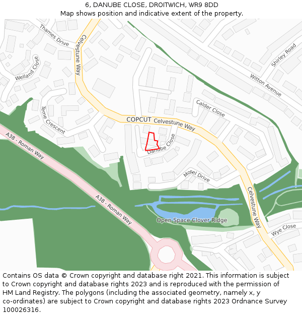 6, DANUBE CLOSE, DROITWICH, WR9 8DD: Location map and indicative extent of plot