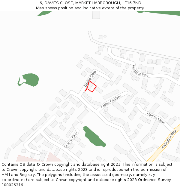 6, DAVIES CLOSE, MARKET HARBOROUGH, LE16 7ND: Location map and indicative extent of plot