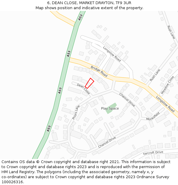 6, DEAN CLOSE, MARKET DRAYTON, TF9 3UR: Location map and indicative extent of plot