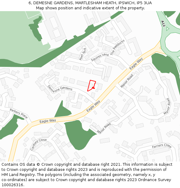 6, DEMESNE GARDENS, MARTLESHAM HEATH, IPSWICH, IP5 3UA: Location map and indicative extent of plot