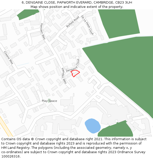 6, DENGAINE CLOSE, PAPWORTH EVERARD, CAMBRIDGE, CB23 3UH: Location map and indicative extent of plot