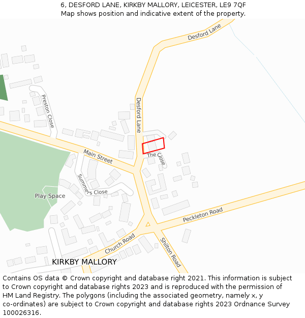 6, DESFORD LANE, KIRKBY MALLORY, LEICESTER, LE9 7QF: Location map and indicative extent of plot