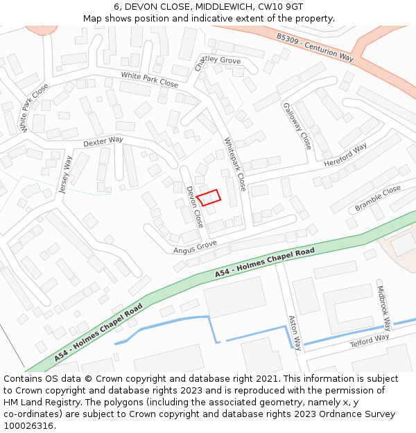 6, DEVON CLOSE, MIDDLEWICH, CW10 9GT: Location map and indicative extent of plot