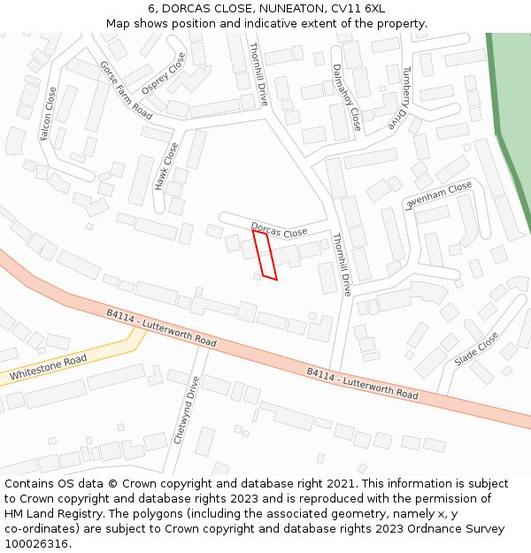 6, DORCAS CLOSE, NUNEATON, CV11 6XL: Location map and indicative extent of plot