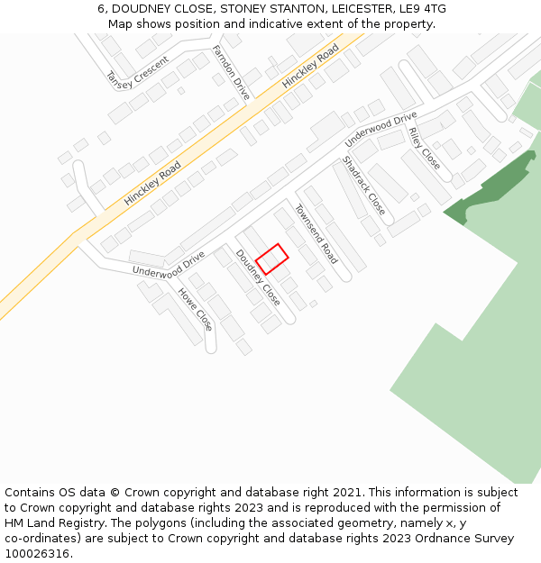 6, DOUDNEY CLOSE, STONEY STANTON, LEICESTER, LE9 4TG: Location map and indicative extent of plot