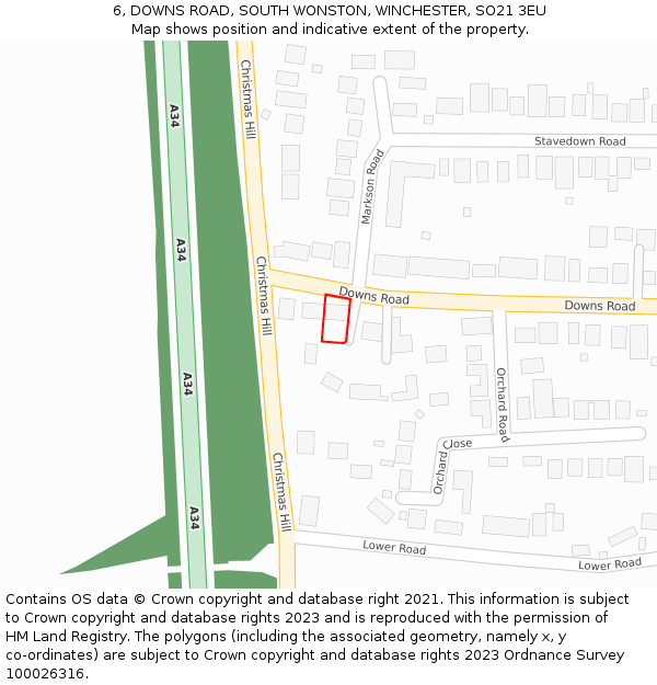 6, DOWNS ROAD, SOUTH WONSTON, WINCHESTER, SO21 3EU: Location map and indicative extent of plot