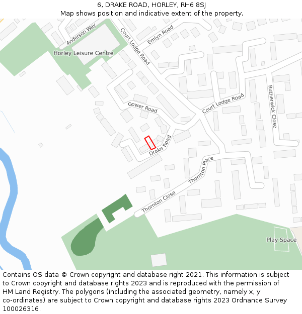 6, DRAKE ROAD, HORLEY, RH6 8SJ: Location map and indicative extent of plot