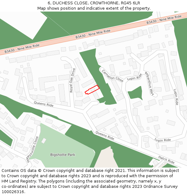 6, DUCHESS CLOSE, CROWTHORNE, RG45 6LR: Location map and indicative extent of plot