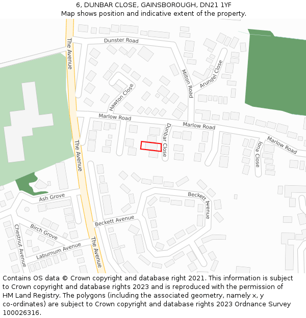 6, DUNBAR CLOSE, GAINSBOROUGH, DN21 1YF: Location map and indicative extent of plot