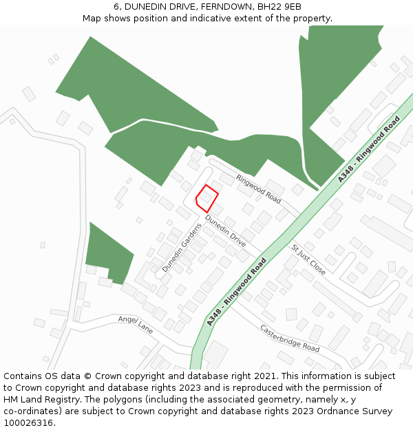 6, DUNEDIN DRIVE, FERNDOWN, BH22 9EB: Location map and indicative extent of plot