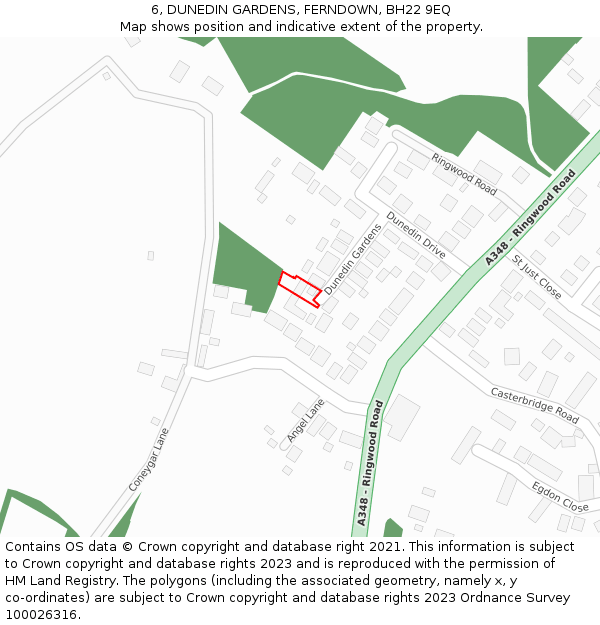 6, DUNEDIN GARDENS, FERNDOWN, BH22 9EQ: Location map and indicative extent of plot