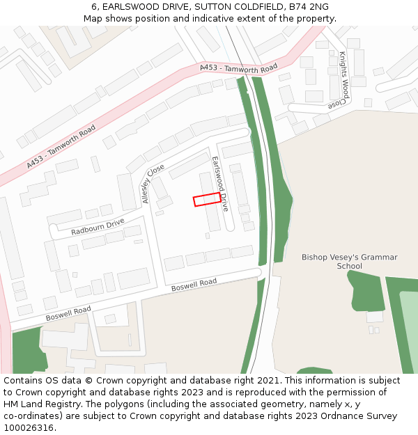 6, EARLSWOOD DRIVE, SUTTON COLDFIELD, B74 2NG: Location map and indicative extent of plot