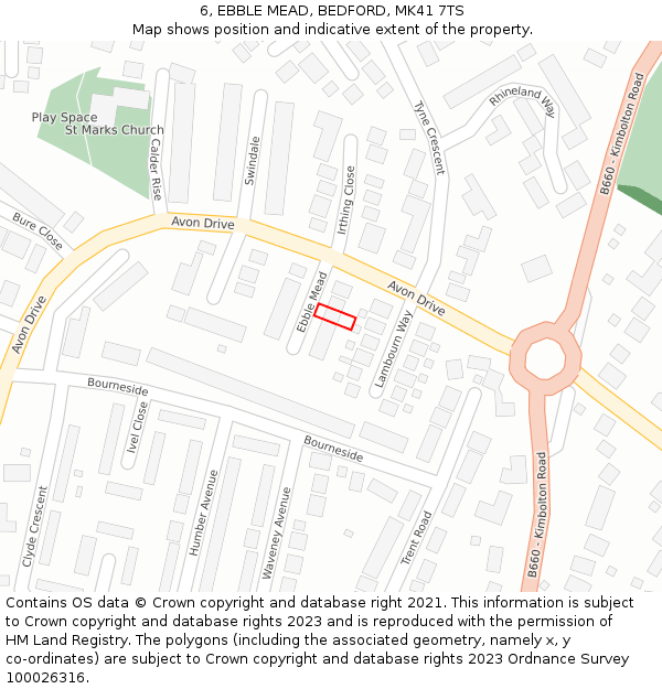 6, EBBLE MEAD, BEDFORD, MK41 7TS: Location map and indicative extent of plot