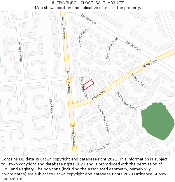6, EDINBURGH CLOSE, SALE, M33 4EZ: Location map and indicative extent of plot