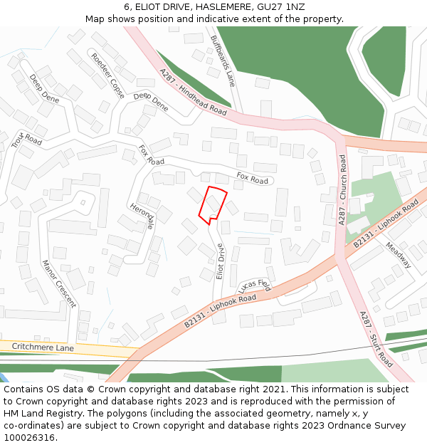 6, ELIOT DRIVE, HASLEMERE, GU27 1NZ: Location map and indicative extent of plot