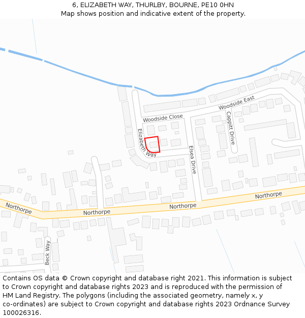 6, ELIZABETH WAY, THURLBY, BOURNE, PE10 0HN: Location map and indicative extent of plot