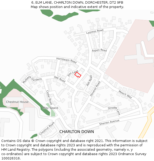 6, ELM LANE, CHARLTON DOWN, DORCHESTER, DT2 9FB: Location map and indicative extent of plot