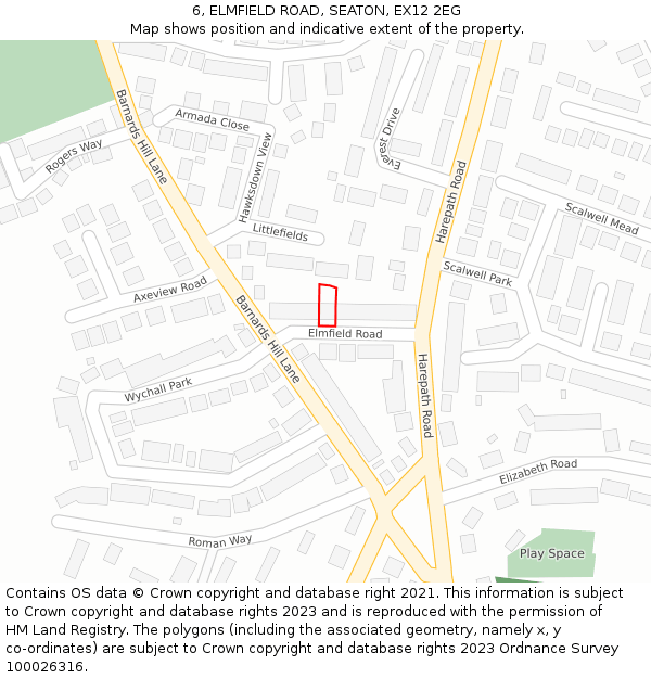 6, ELMFIELD ROAD, SEATON, EX12 2EG: Location map and indicative extent of plot