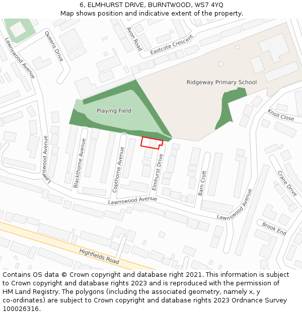 6, ELMHURST DRIVE, BURNTWOOD, WS7 4YQ: Location map and indicative extent of plot