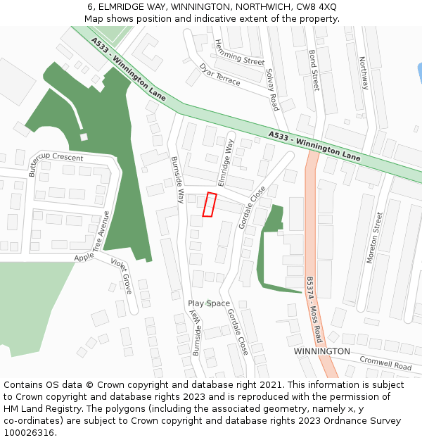 6, ELMRIDGE WAY, WINNINGTON, NORTHWICH, CW8 4XQ: Location map and indicative extent of plot